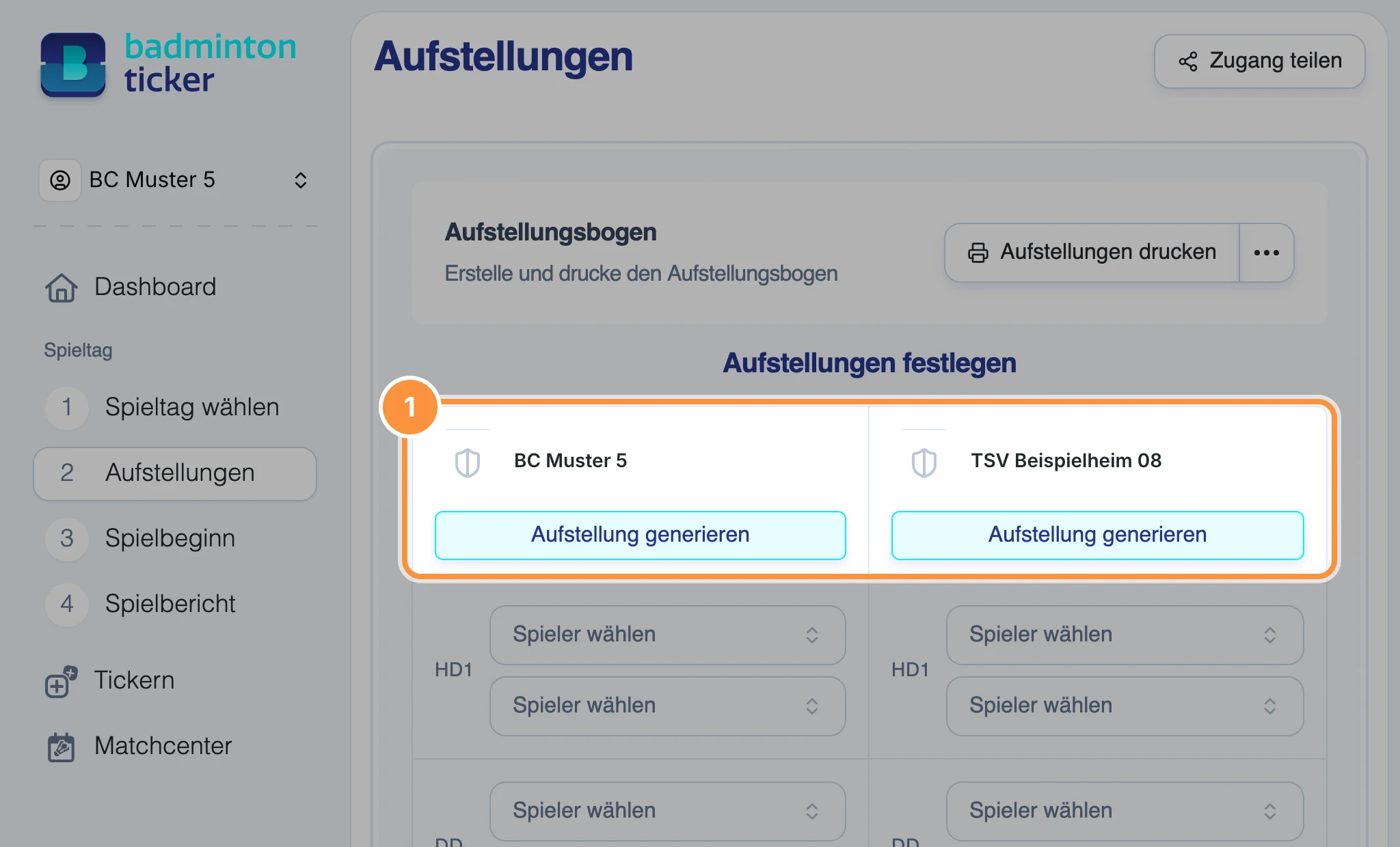 Seite „Aufstellungen“ mit den Bereichen für Heim und Gast und der Schaltfläche „Aufstellung generieren“