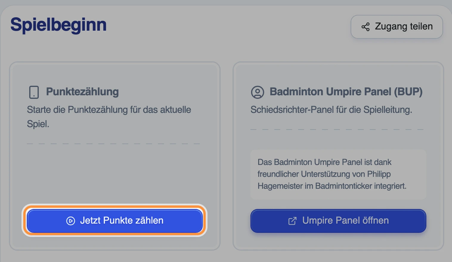 Die Karten „Punktezählung“ und „Badminton Umpire Panel (BUP)“, die Schaltfläche „Jetzt Punkte zählen“ ist hervorgehoben