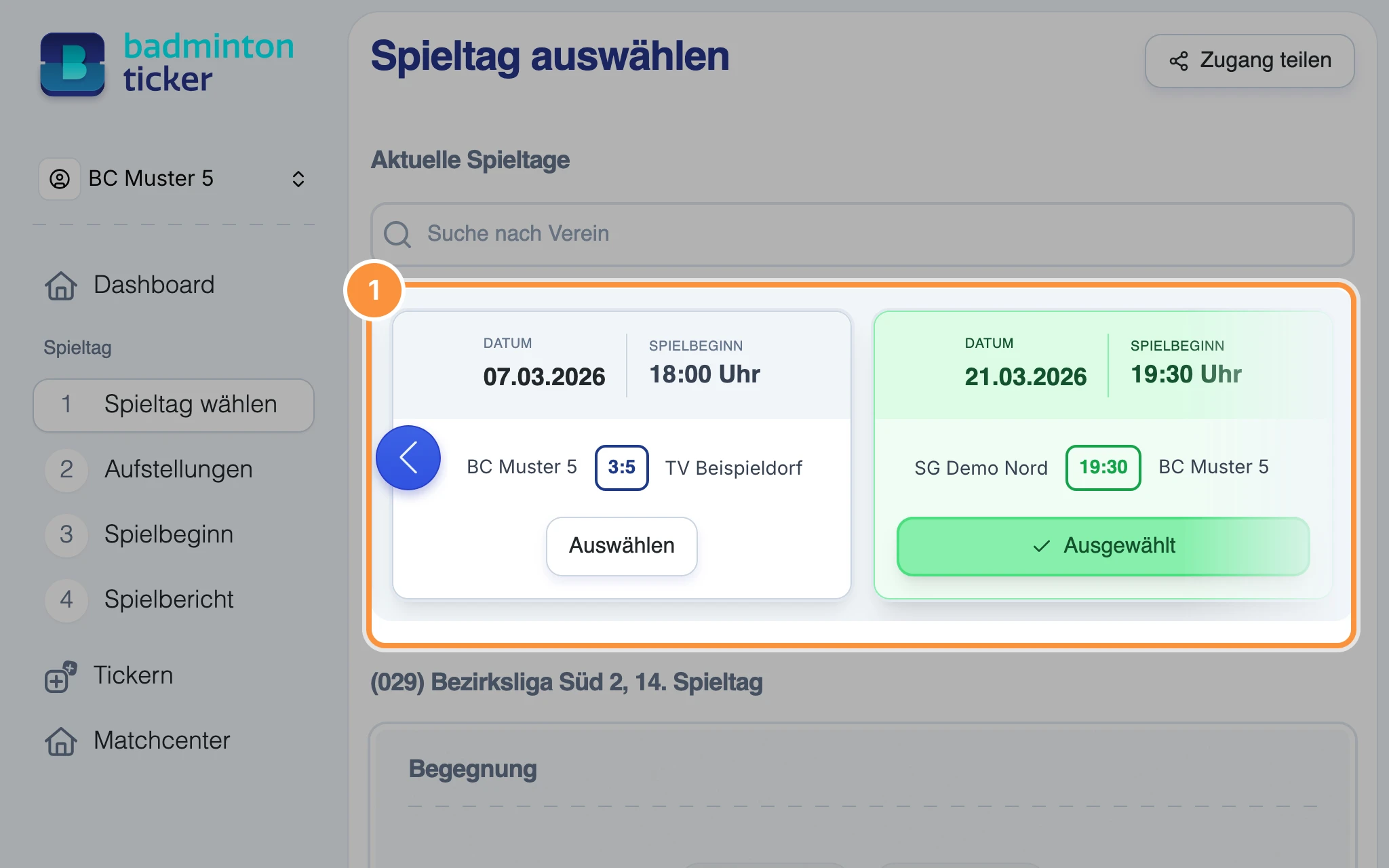 Seite „Spieltag auswählen“ mit der Liste der aktuellen Spieltage