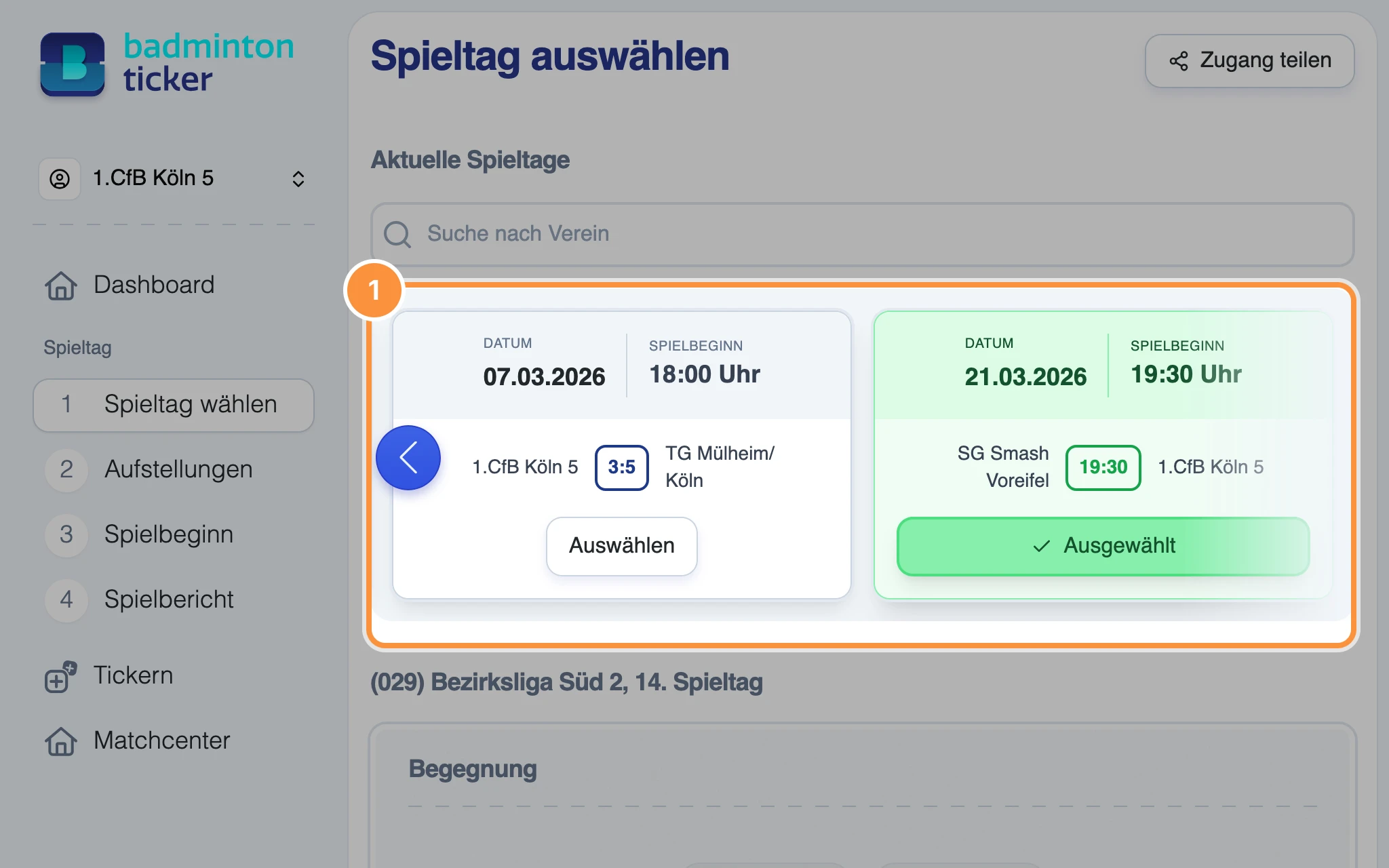 Seite „Spieltag auswählen“ mit der Liste der aktuellen Spieltage