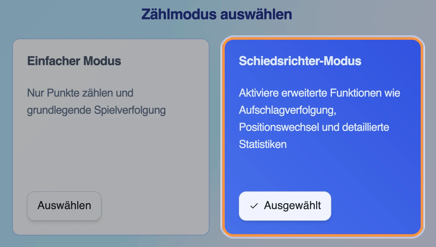 Schritt „Zählmodus auswählen“ mit beiden Karten, die Karte „Schiedsrichter-Modus“ ist hervorgehoben
