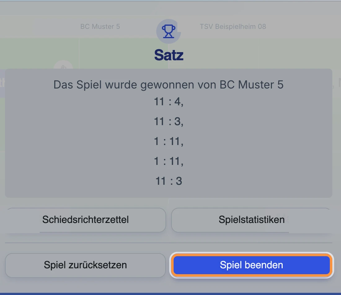 Fenster am Spielende mit den Satzergebnissen, die Schaltfläche „Spiel beenden“ ist hervorgehoben