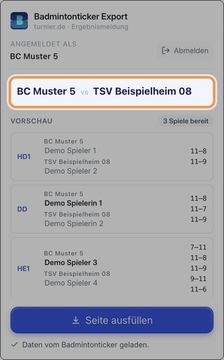 Extension „Badmintonticker Export“ mit den geladenen Spieldaten, der Bereich mit den beiden Mannschaften ist hervorgehoben