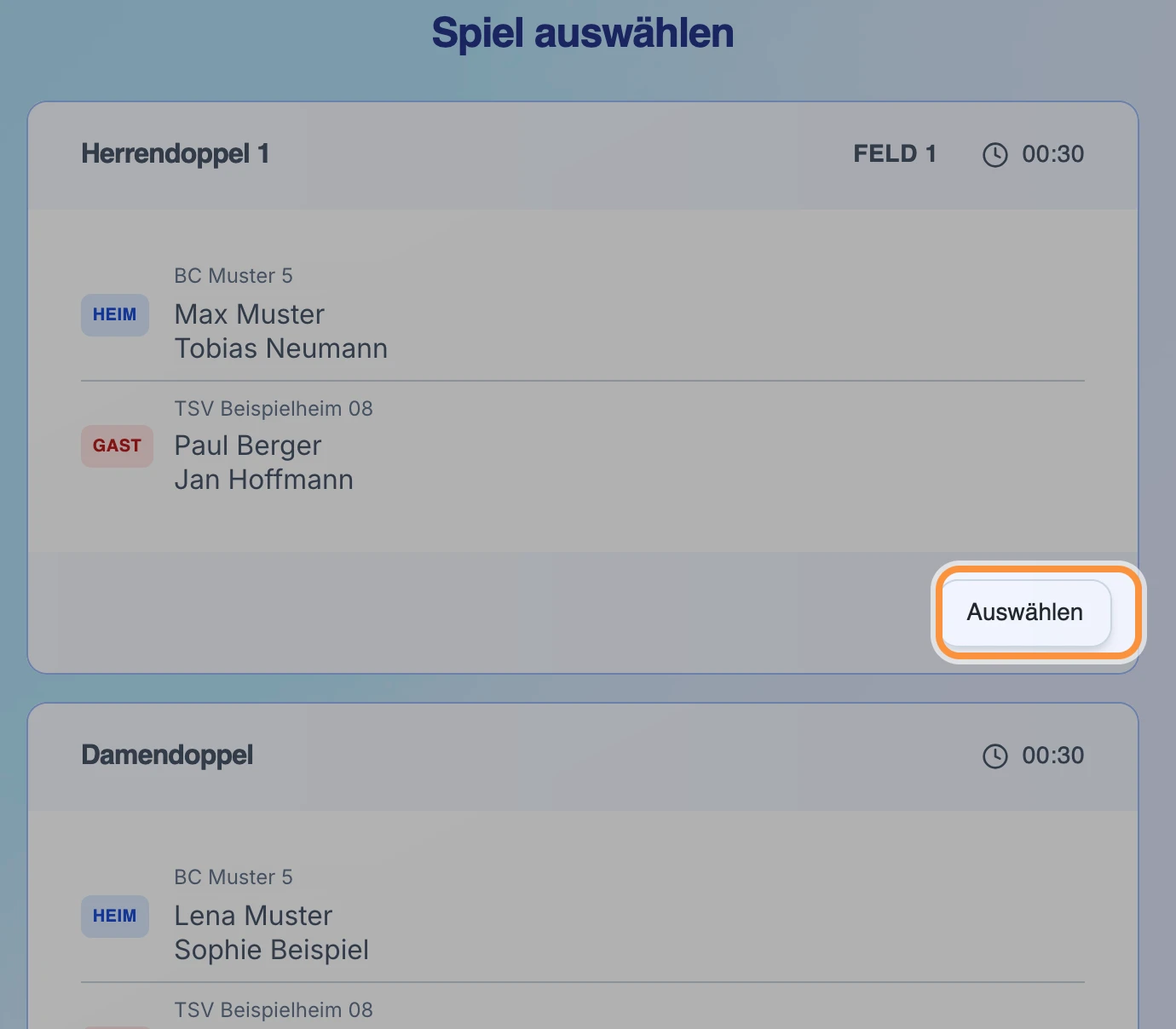 Liste der Spiele mit Disziplin, Mannschaften und Spieler:innen, die Schaltfläche „Auswählen“ ist hervorgehoben