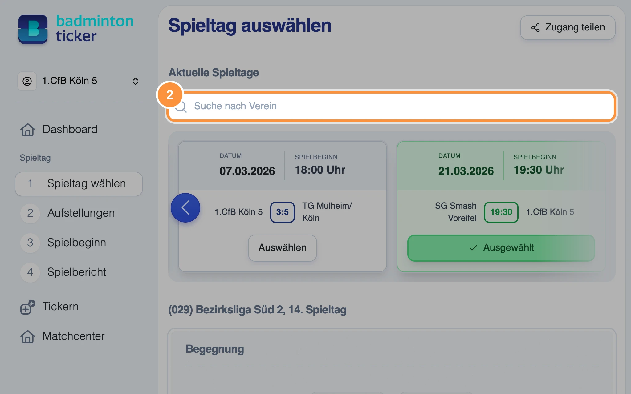 Suchfeld „Suche nach Verein“ mit gefilterter Spieltagsliste
