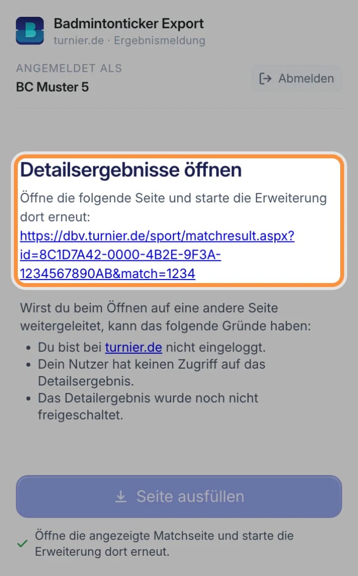Extension „Badmintonticker Export“ ohne geöffnete Detailergebnis-Seite, der Hinweis „Detailsergebnisse öffnen“ mit dem Link ist hervorgehoben