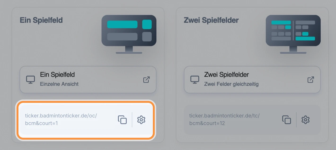 Die Adresse einer Anzeigetafel mit Kopier- und Zahnrad-Symbol ist hervorgehoben