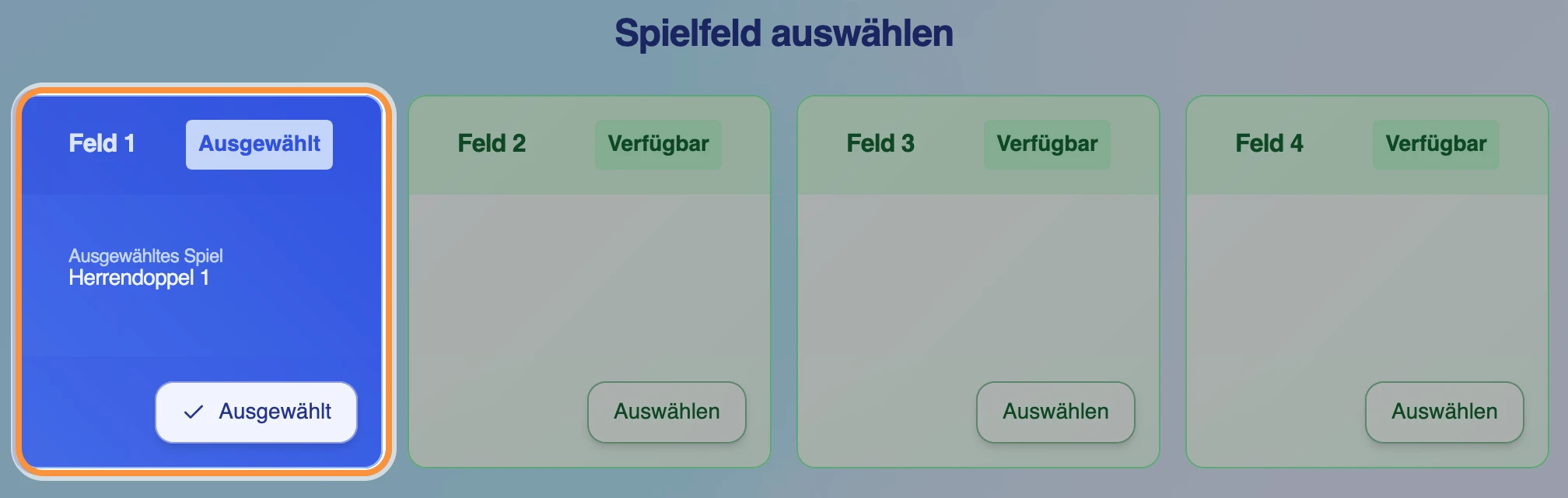 Die vier Felder mit ihrem Status, die ausgewählte Karte „Feld 1“ ist hervorgehoben