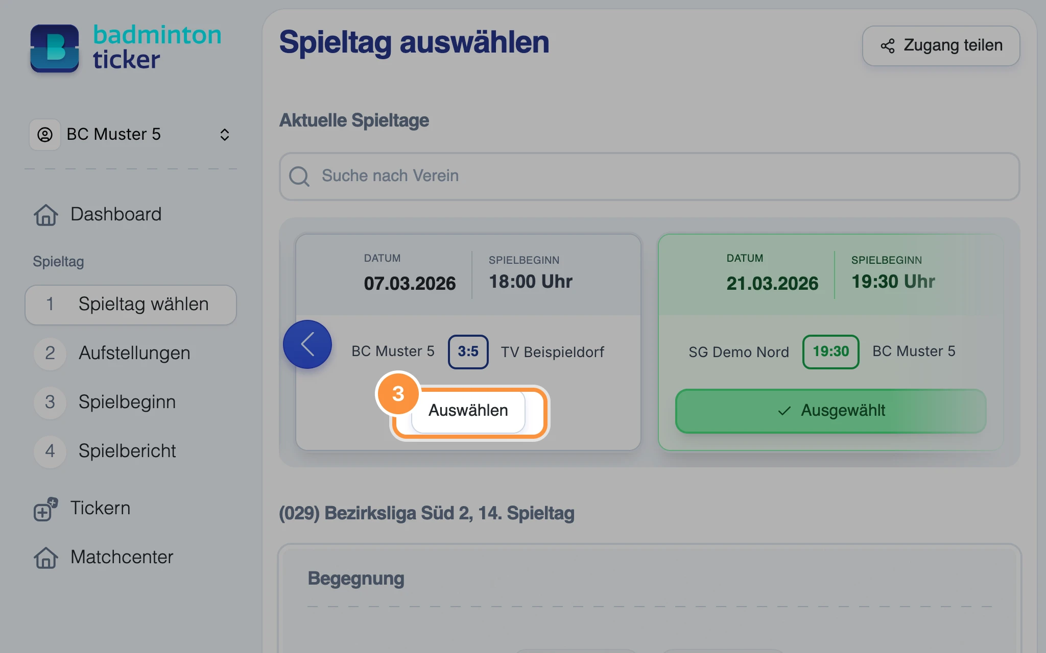 Spieltag mit der Schaltfläche „Auswählen“ und Markierung „Ausgewählt“