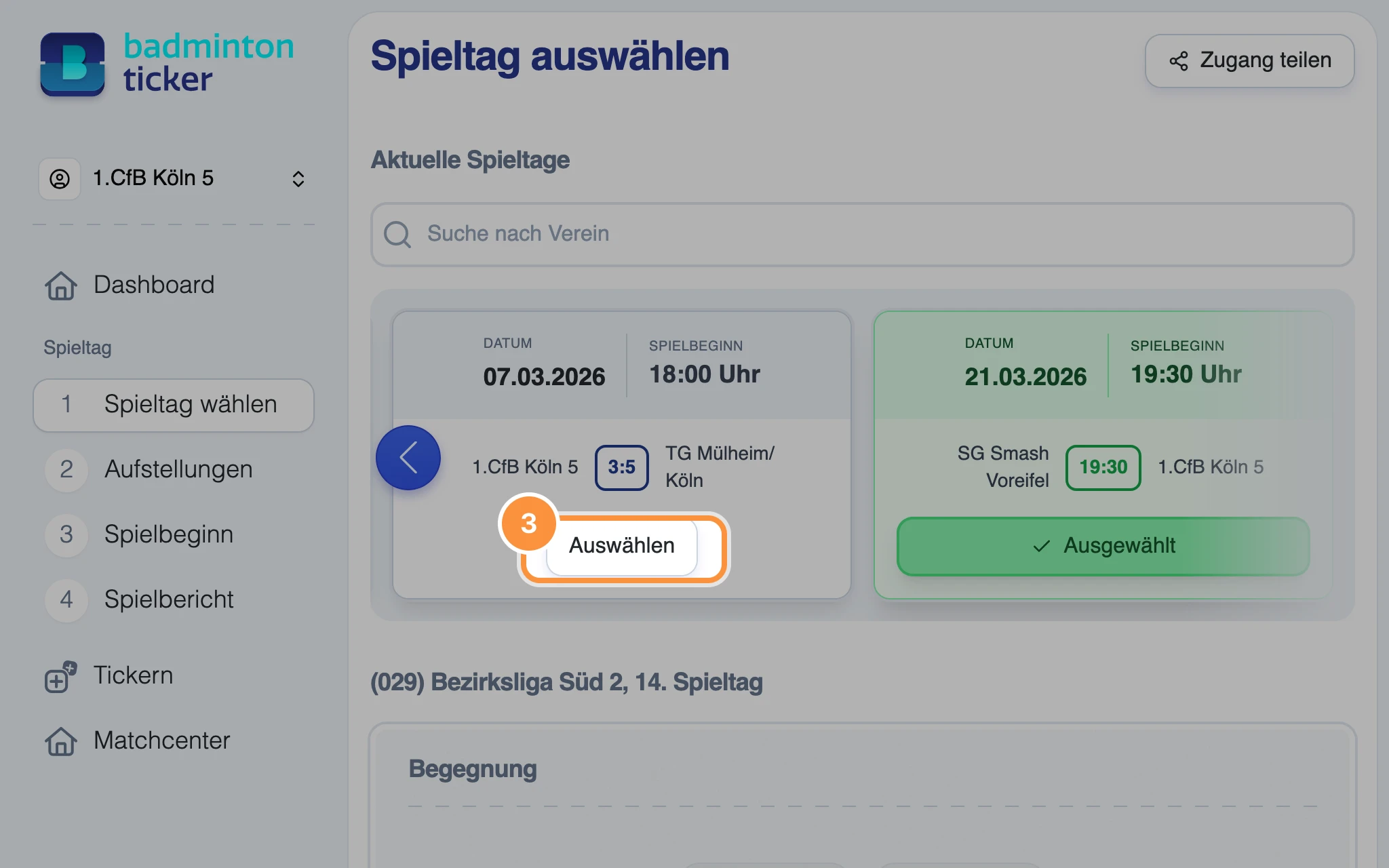 Spieltag mit der Schaltfläche „Auswählen“ und Markierung „Ausgewählt“