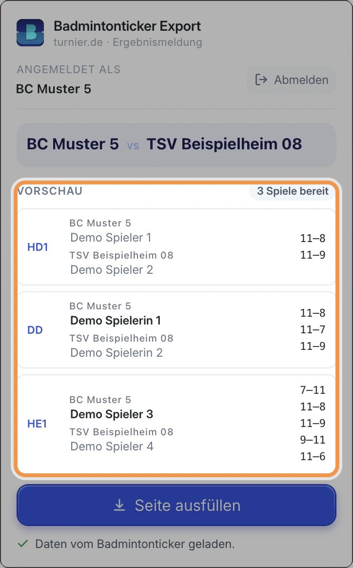 Vorschau der Extension mit Disziplin, Paarung und Satzergebnissen je Spiel, der Bereich „Vorschau“ ist hervorgehoben