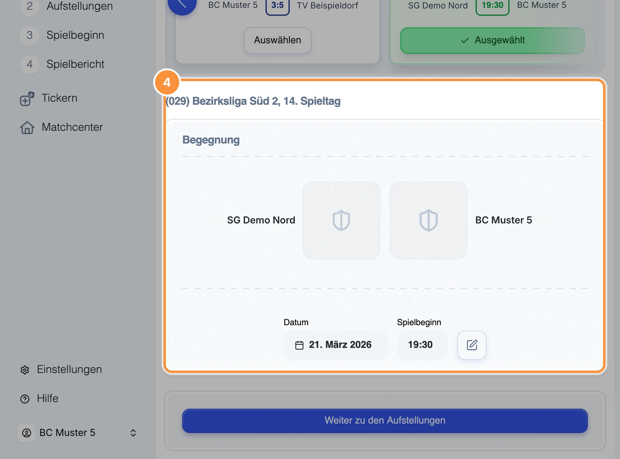 Detailansicht mit Liga, Spieltag, Mannschaften sowie Datum und Uhrzeit