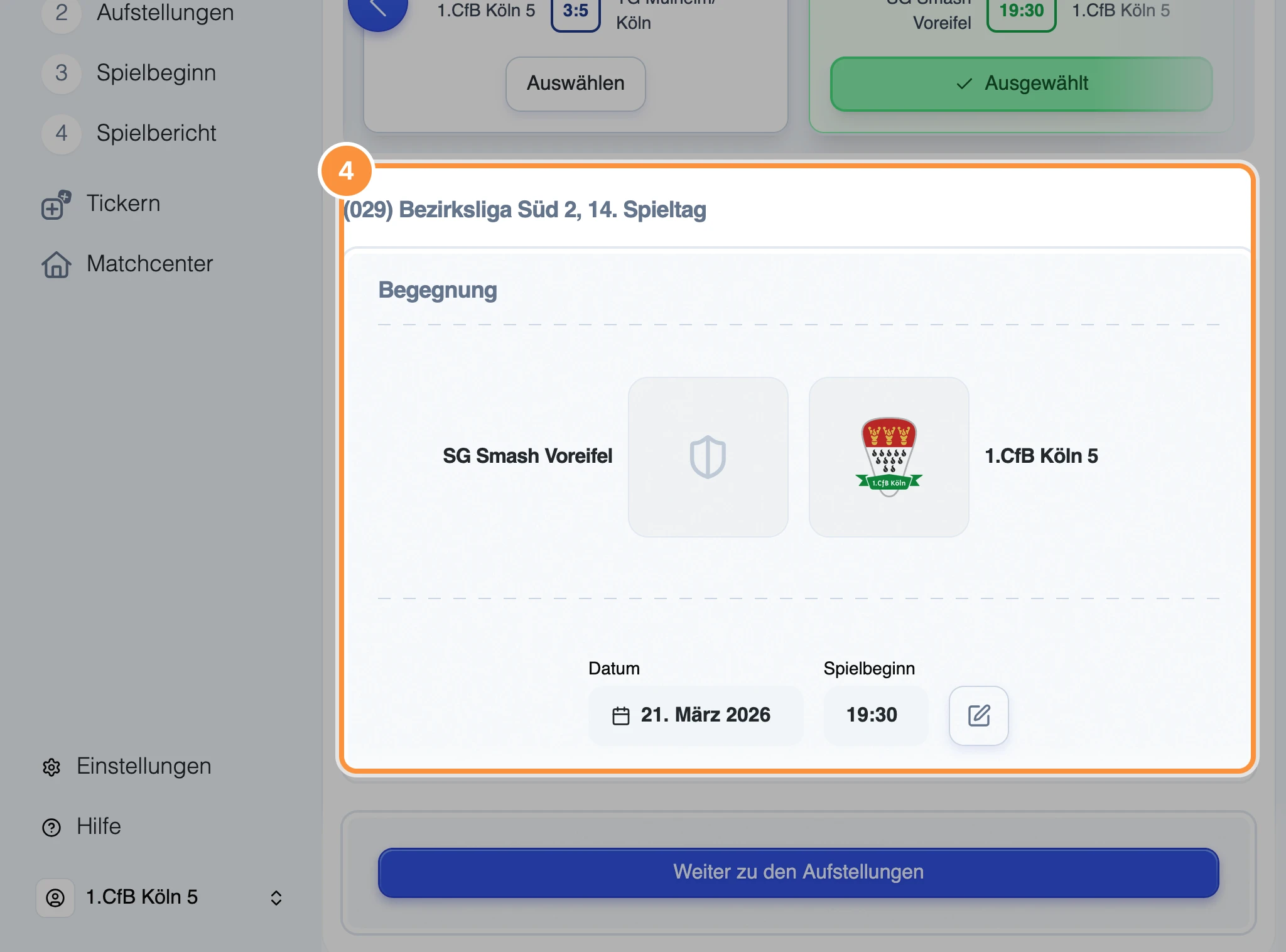 Detailansicht mit Liga, Spieltag, Mannschaften sowie Datum und Uhrzeit