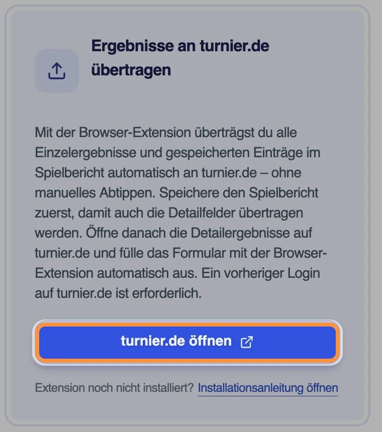 Karte „Ergebnisse an turnier.de übertragen“ im Reiter „Spielbericht & Meldung“, die Schaltfläche „turnier.de öffnen“ ist hervorgehoben