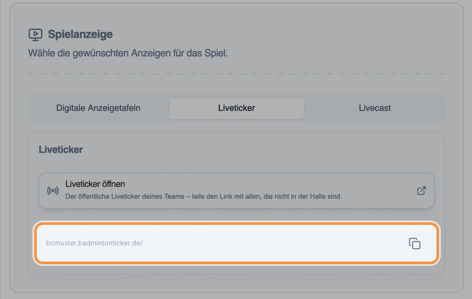 Der Reiter „Liveticker“ mit „Liveticker öffnen“, die Adresse mit dem Kopier-Symbol ist hervorgehoben