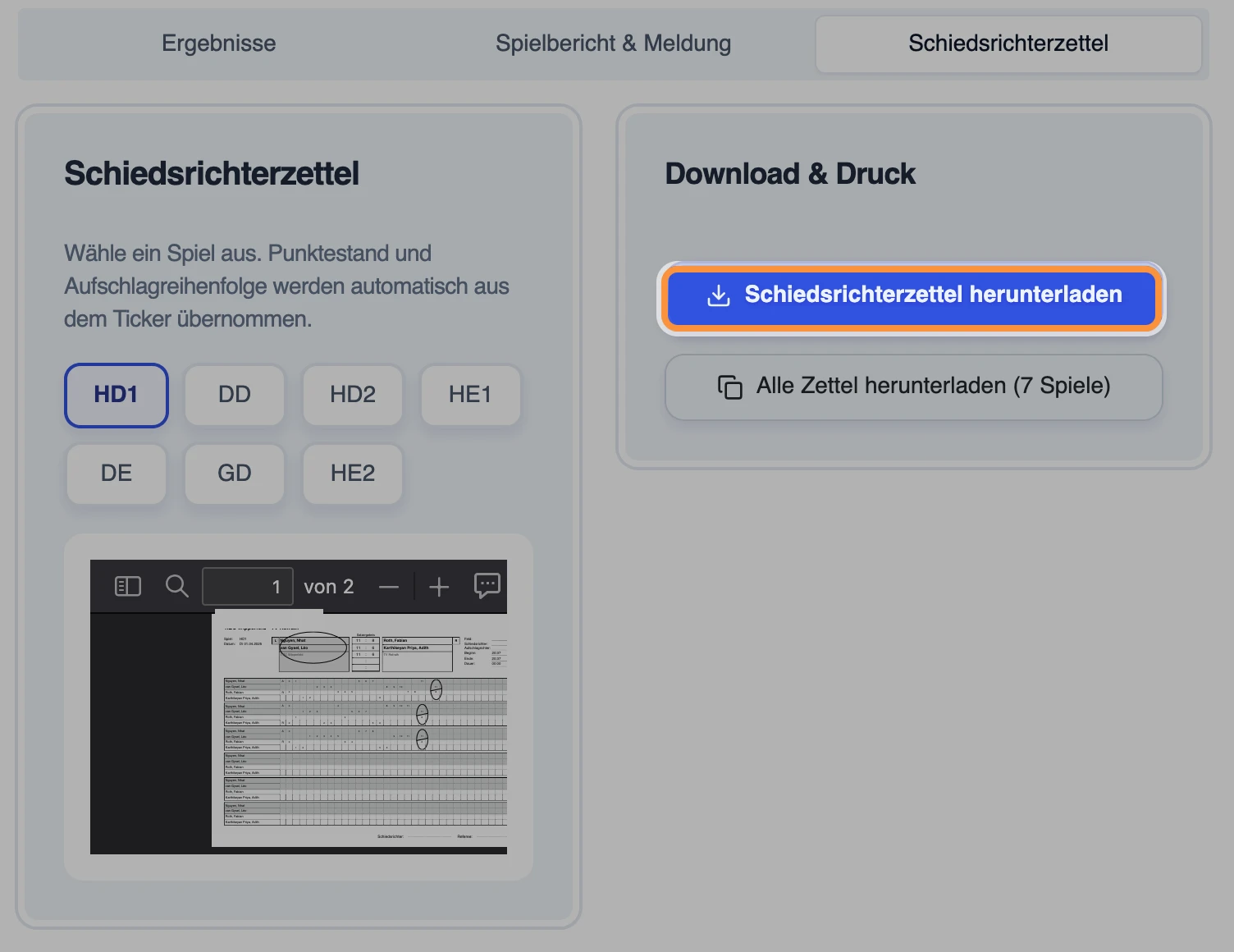 Reiter „Schiedsrichterzettel“ mit der Spielauswahl und der PDF-Vorschau, die Schaltfläche „Schiedsrichterzettel herunterladen“ ist hervorgehoben