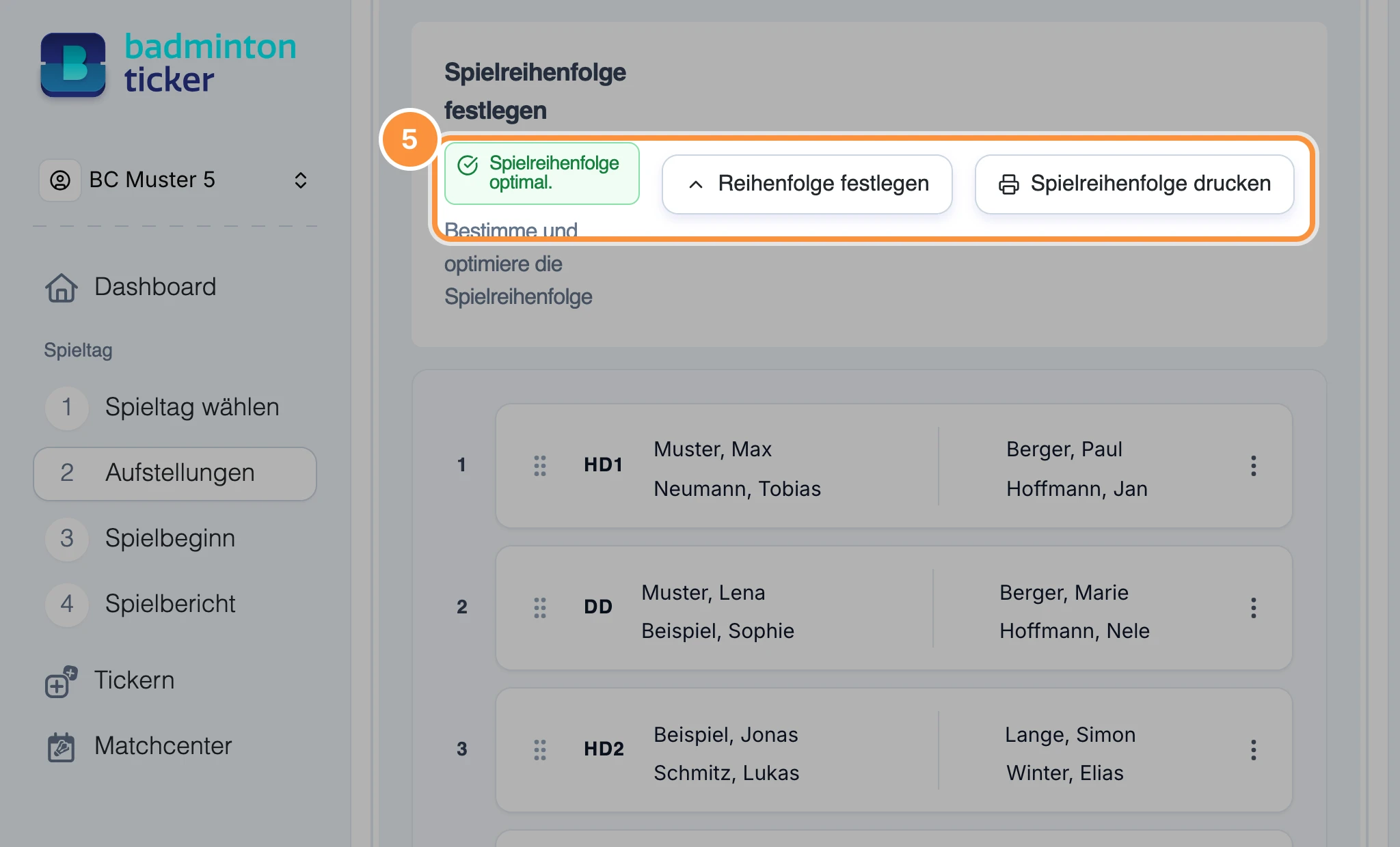 Bereich „Spielreihenfolge festlegen“ mit dem Hinweis „Spielreihenfolge optimal.“ und den Schaltflächen „Reihenfolge festlegen“ und „Spielreihenfolge drucken“