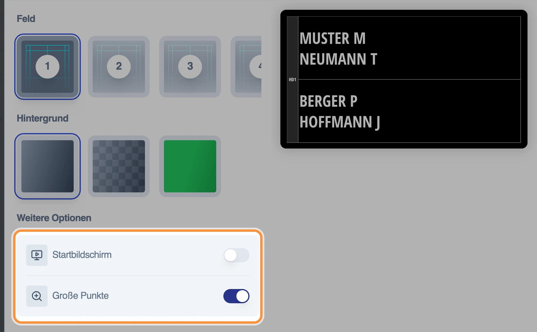 Der Dialog mit „Feld“, „Hintergrund“ und der hervorgehobenen Gruppe „Weitere Optionen“ mit den Schaltern „Startbildschirm“ und „Große Punkte“