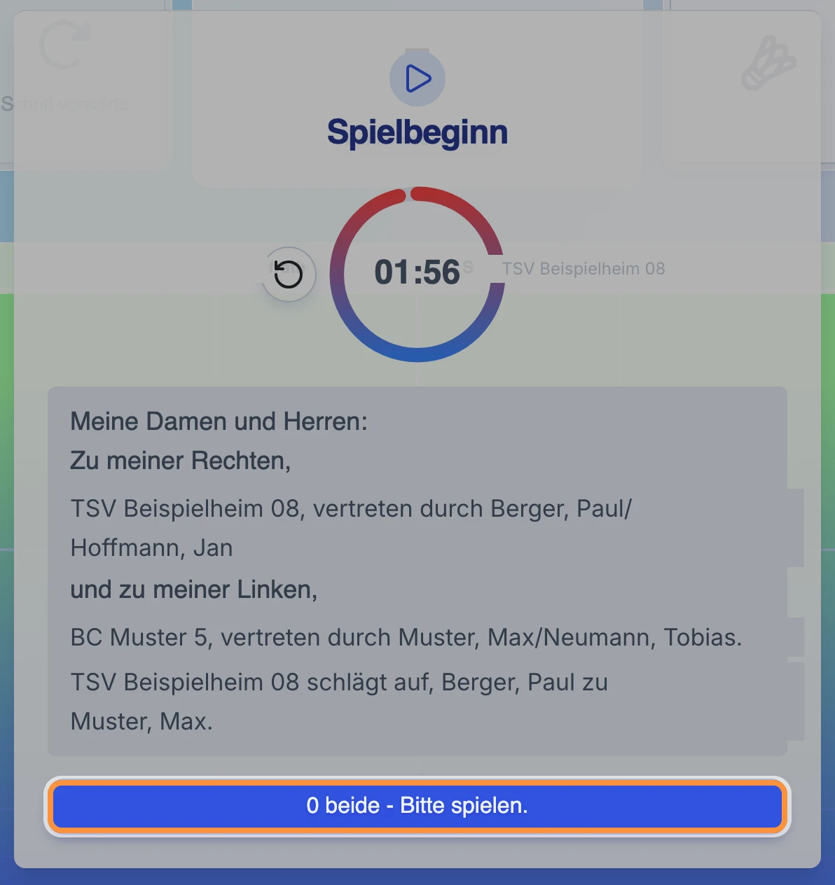Fenster „Spielbeginn“ mit Timer und Ansagetext, die Schaltfläche „0 beide - Bitte spielen.“ ist hervorgehoben