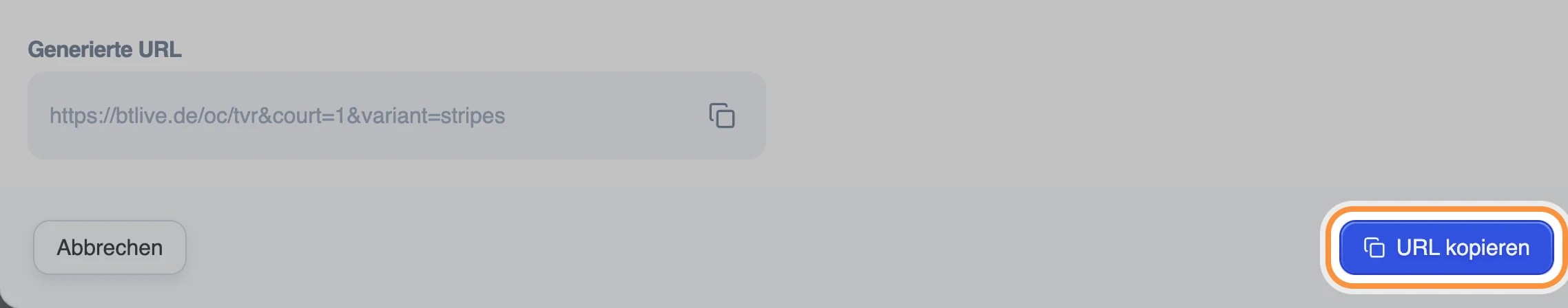 Der Bereich „Generierte URL“, die Schaltfläche „URL kopieren“ ist hervorgehoben