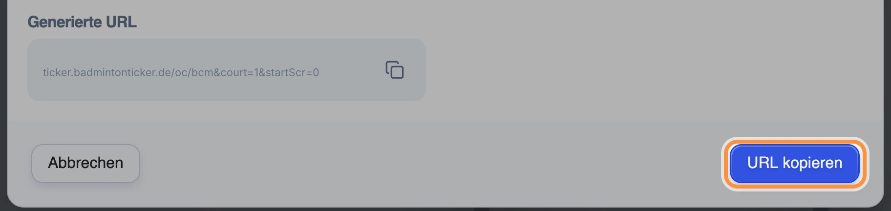 Der Bereich „Generierte URL“, die Schaltfläche „URL kopieren“ ist hervorgehoben