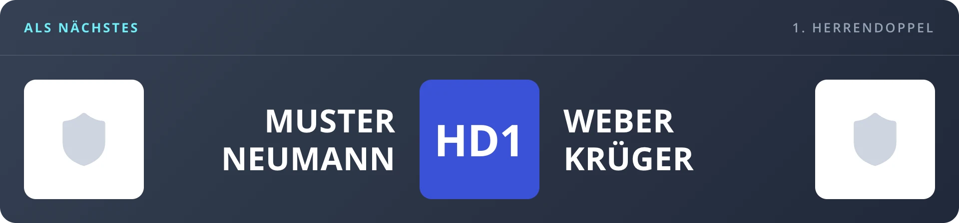 Livecast-Anzeige „Nächstes Spiel“: Karte mit Disziplin, den Spieler:innen beider Seiten und den Vereinslogos