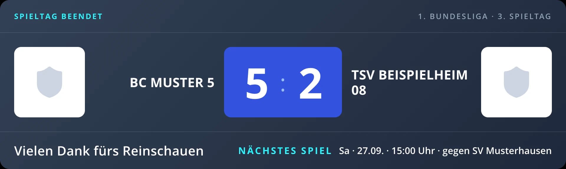 Livecast-Anzeige „Spieltag beendet“: Endstand der Begegnung mit beiden Vereinslogos, Dank an die Zuschauer:innen und Hinweis auf den nächsten Spieltag